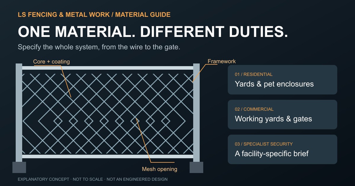 Original LS Fencing editorial illustration showing mesh, supporting framework and the progression from residential to specialist security applications. Concept comparison, not an engineered fence design.